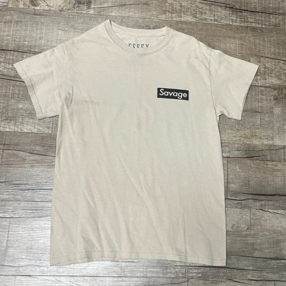 Essex Short Sleeve Savage Logo T-Shirt Men Size Small Beige Black Top Cotton